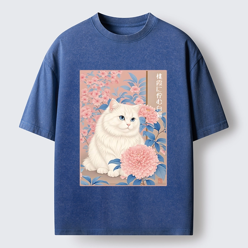 Tokyo-Tiger White Cat Pink Blossom Soft Art Washed T-Shirt