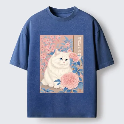 Tokyo-Tiger White Cat Pink Blossom Soft Art Washed T-Shirt