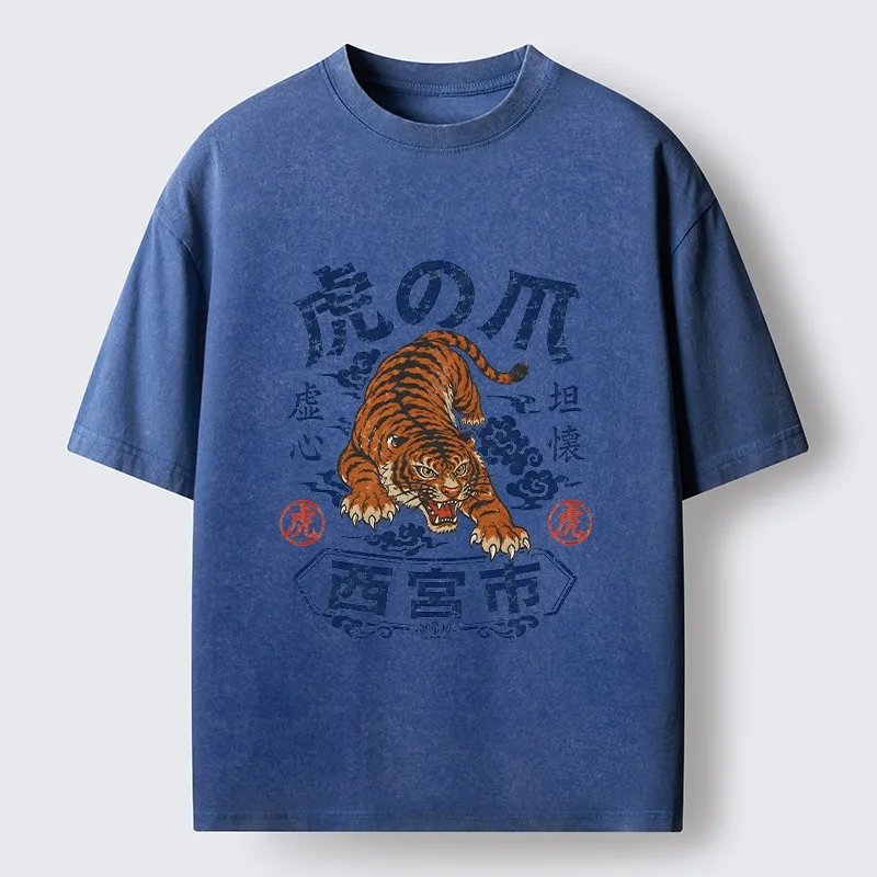 Tokyo-Tiger Brave Tiger Traditional Print Washed T-Shirt