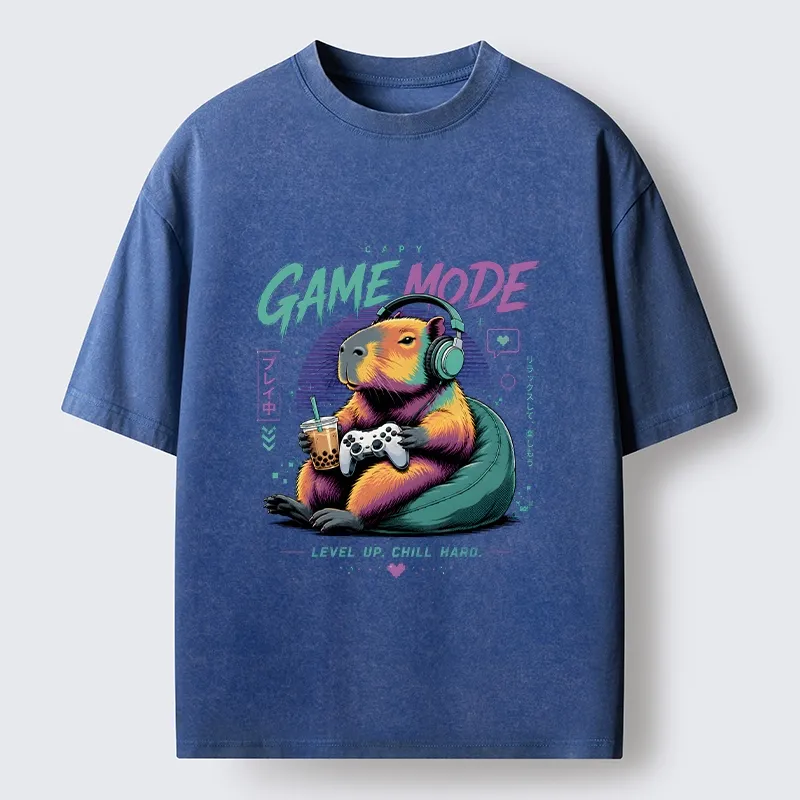 Tokyo-Tiger Cozy Capybara Play Video Games Washed T-Shirt