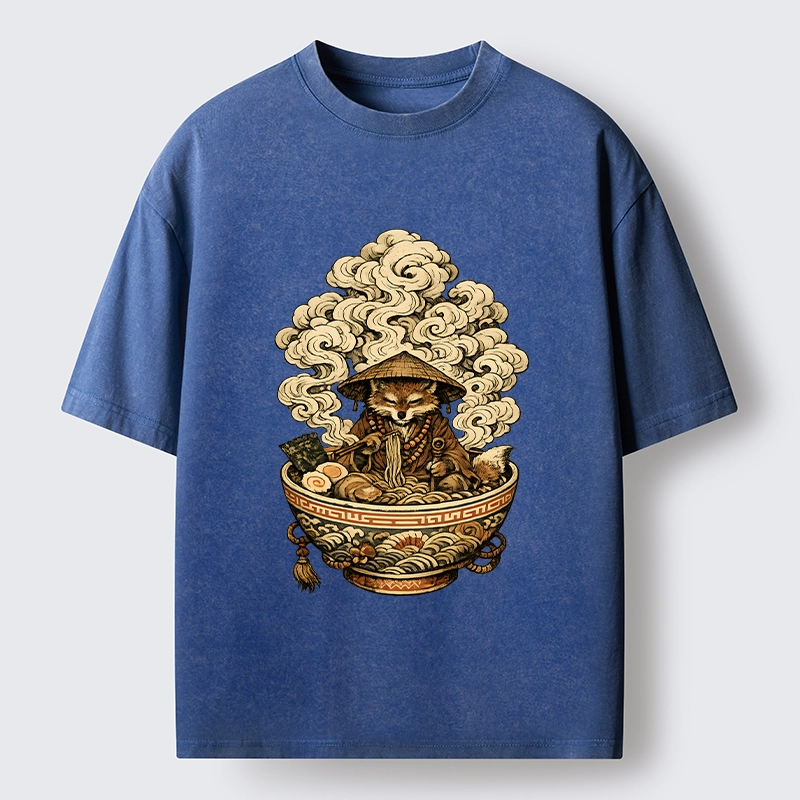 Tokyo-Tiger Zen Fox Eat Warm Ramen Washed T-Shirt