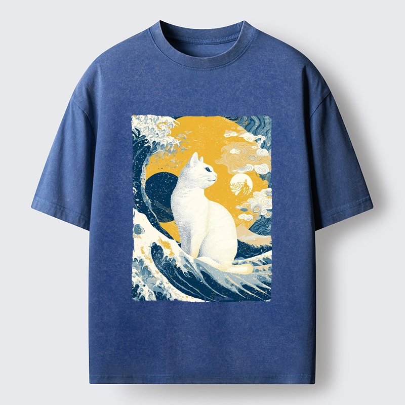 Tokyo-Tiger Ukiyo Cat Giant Ocean Wave Print Washed T-Shirt
