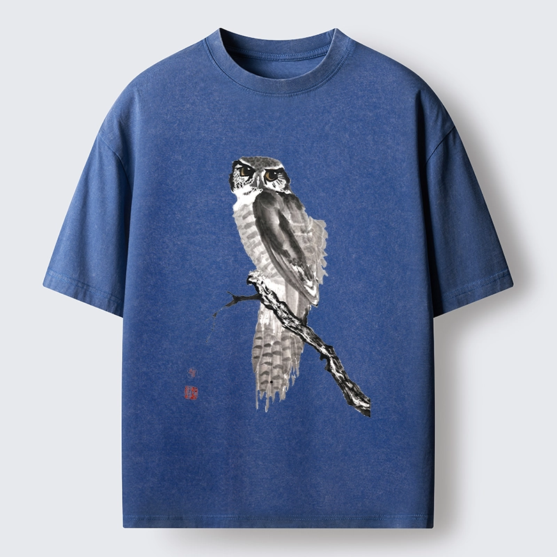 Tokyo-Tiger Minimal Ink Owl Oriental Brush Art Washed T-Shirt