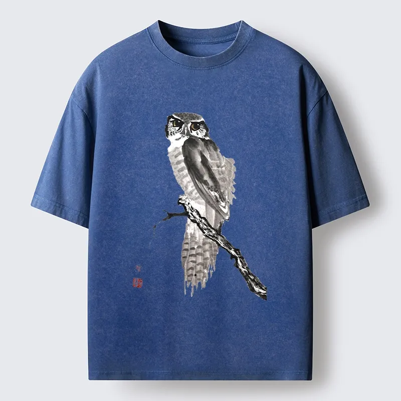 Tokyo-Tiger Minimal Ink Owl Oriental Brush Art Washed T-Shirt