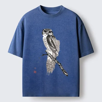 Tokyo-Tiger Minimal Ink Owl Oriental Brush Art Washed T-Shirt