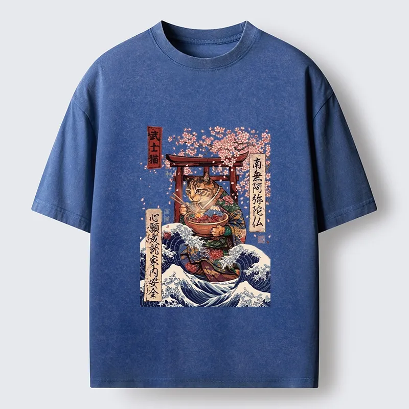 Tokyo-Tiger Samurai Cat Eating Noodles Wave Scene Washed T-Shirt