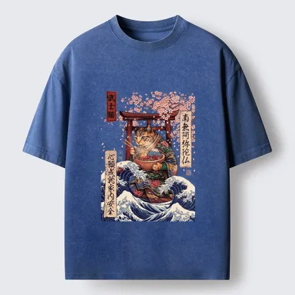 Tokyo-Tiger Samurai Cat Eating Noodles Wave Scene Washed T-Shirt