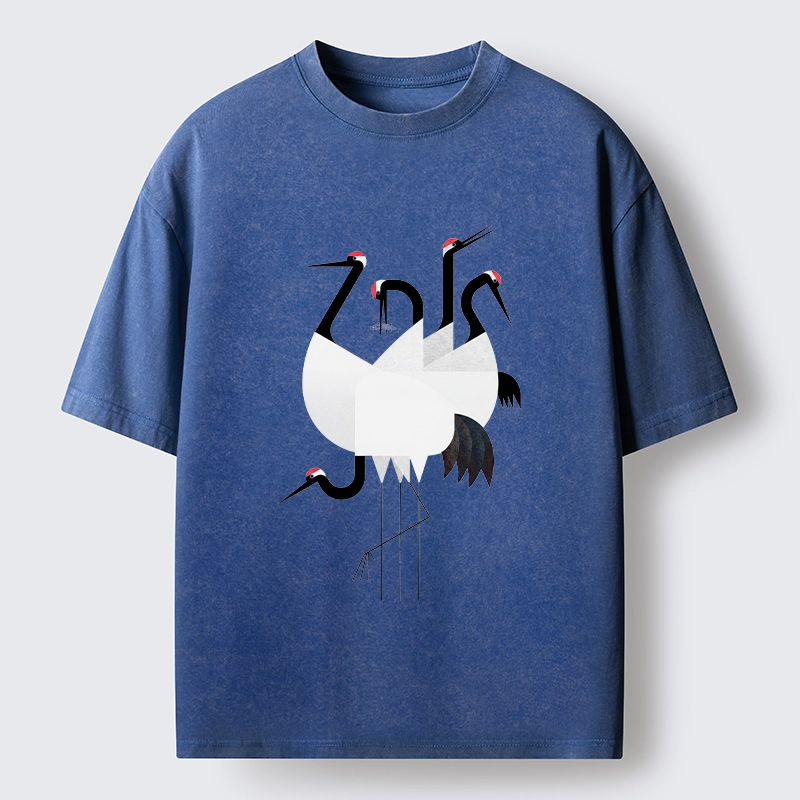 Tokyo-Tiger Minimal Shaped Cranes Simple Graphic Washed T-Shirt