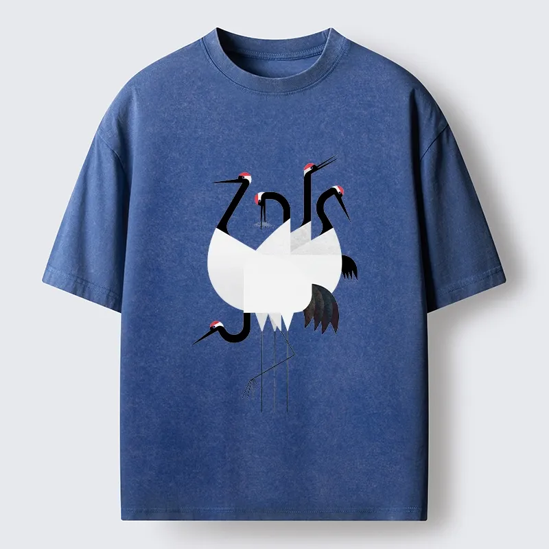 Tokyo-Tiger Minimal Shaped Cranes Simple Graphic Washed T-Shirt