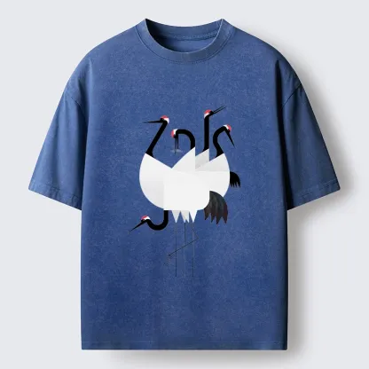 Tokyo-Tiger Minimal Shaped Cranes Simple Graphic Washed T-Shirt