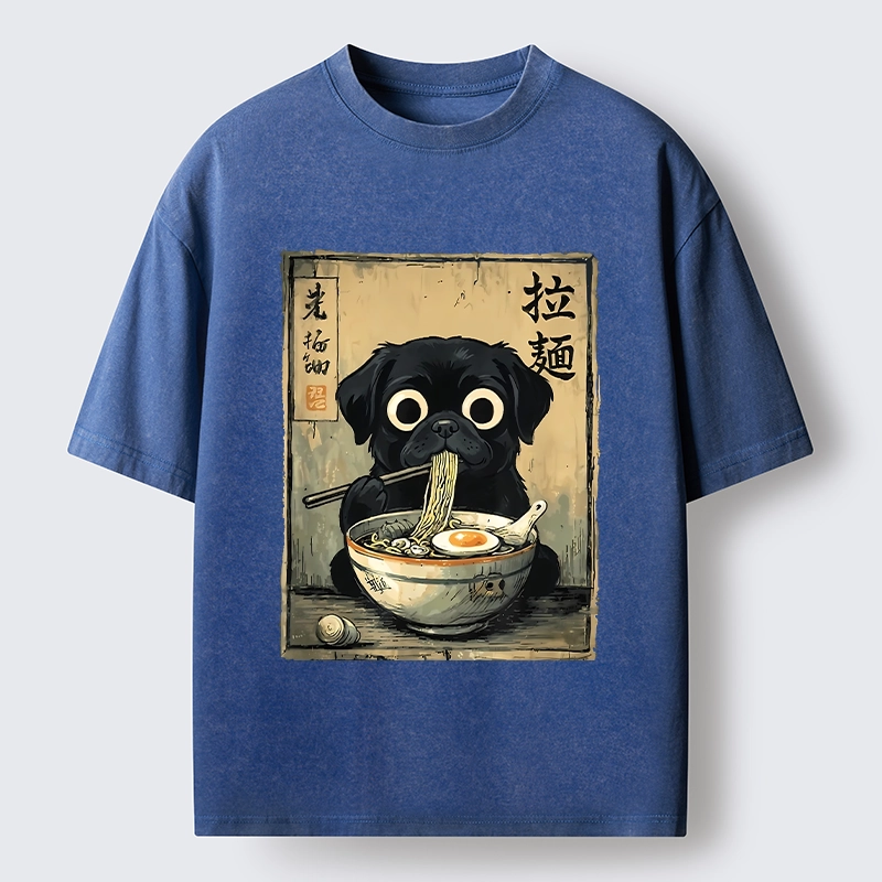 Tokyo-Tiger Cute Black Dog Eating Hot Ramen Washed T-Shirt