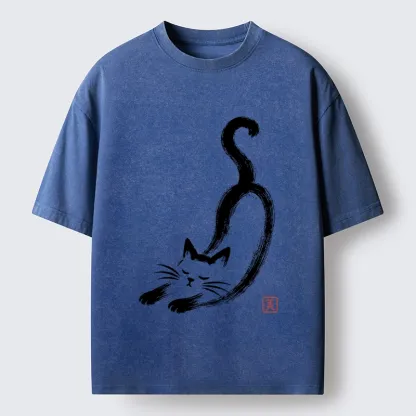 Tokyo-Tiger Soft Ink Stretch Cat Oriental Brush Art Washed T-Shirt
