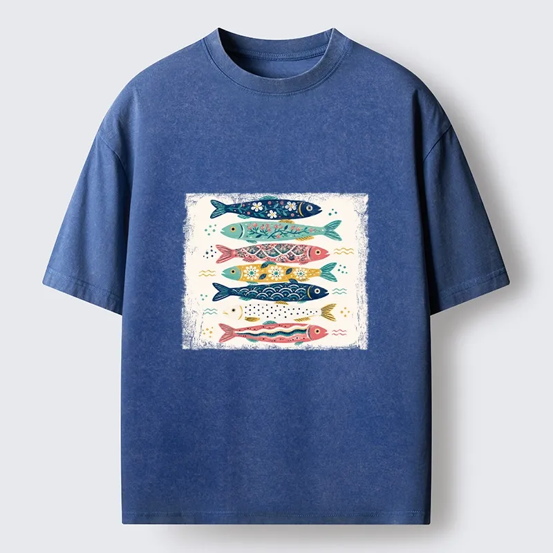 Tokyo-Tiger Simple Folk Art Floral Fish Group Design Washed T-Shirt