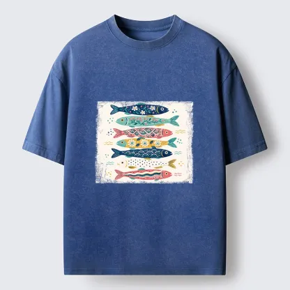 Tokyo-Tiger Simple Folk Art Floral Fish Group Design Washed T-Shirt