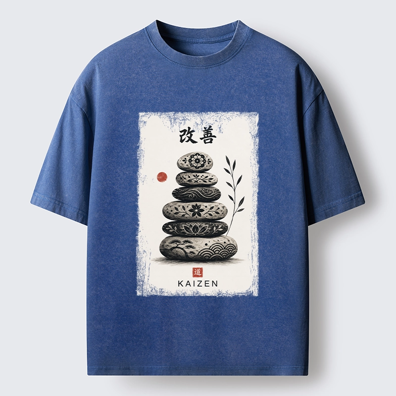 Tokyo-Tiger Japanese Balance Stone Floral Print Washed T-Shirt