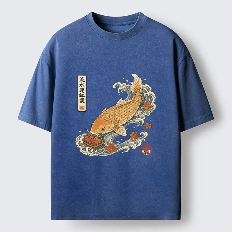 Tokyo-Tiger Golden Koi Carp Maple Leaf Wave Art Washed T-Shirt