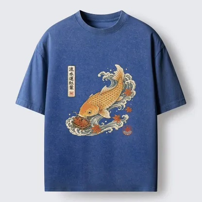 Tokyo-Tiger Golden Koi Carp Maple Leaf Wave Art Washed T-Shirt