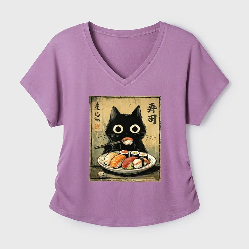 Tokyo-Tiger Vintage Japanese Sushi Cat Modal Dolman Sleeve T-Shirt