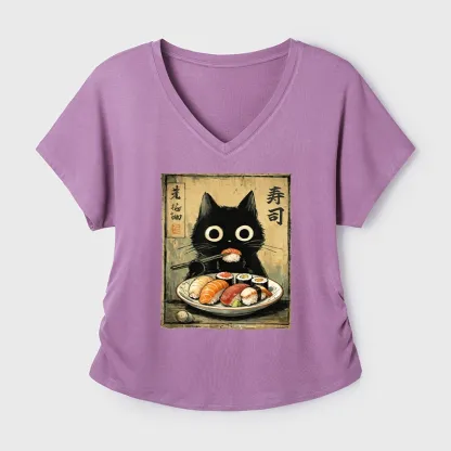Tokyo-Tiger Vintage Japanese Sushi Cat Modal Dolman Sleeve T-Shirt
