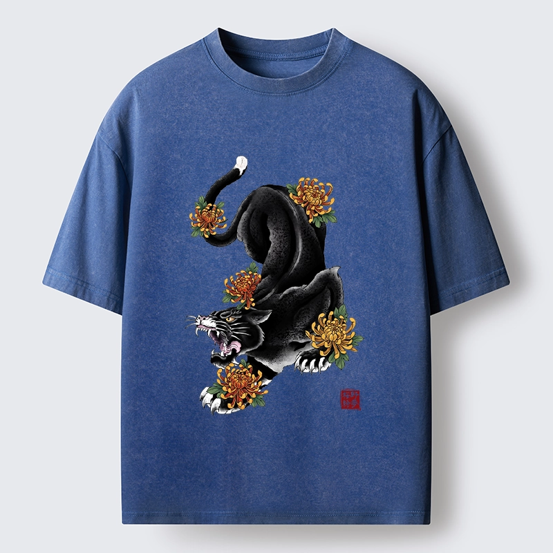 Tokyo-Tiger Wild Black Cat Panther Autumn Flower Graphic Washed T-Shirt