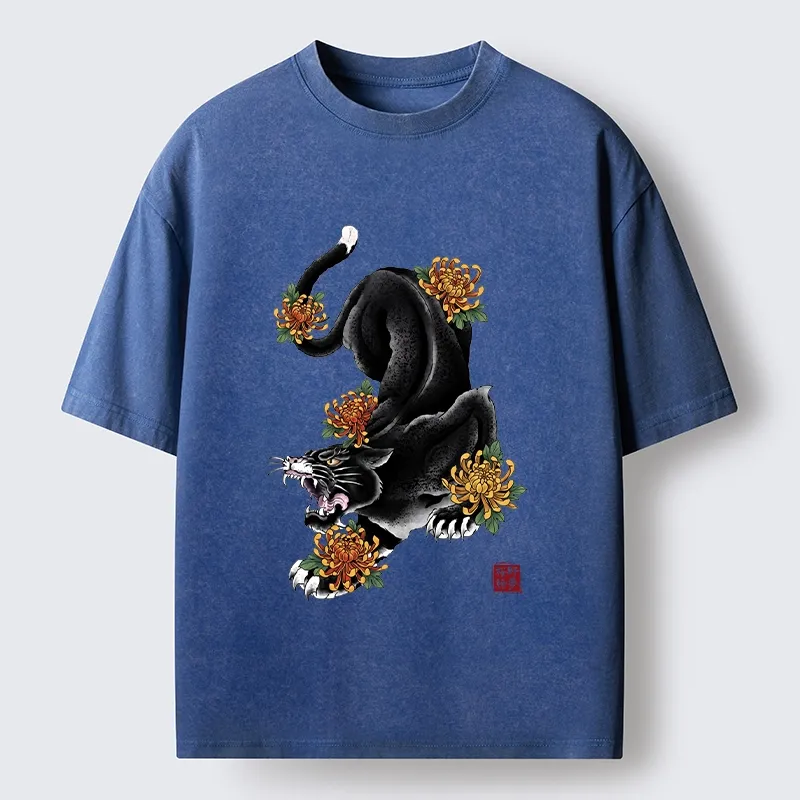 Tokyo-Tiger Wild Black Cat Panther Autumn Flower Graphic Washed T-Shirt