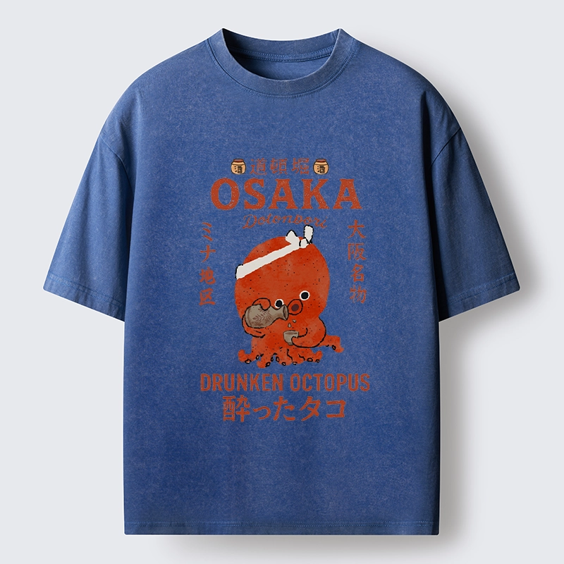 Tokyo-Tiger Vintage Osaka Octopus Sake Drinking Print Washed T-Shirt