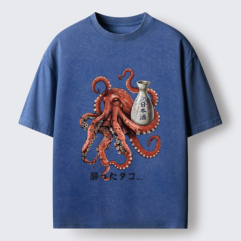 Tokyo-Tiger Japanese Drunken Octopus Sake Pot Art Washed T-Shirt
