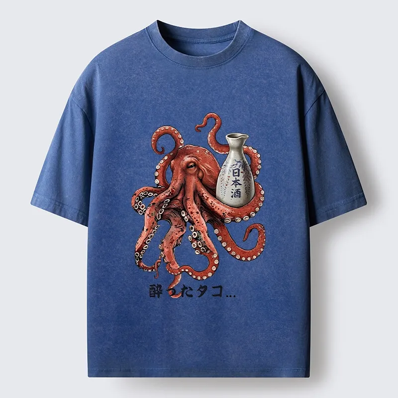 Tokyo-Tiger Japanese Drunken Octopus Sake Pot Art Washed T-Shirt