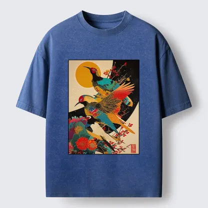 Tokyo-Tiger Sunrise Pheasants Blossom Oriental Art Design Washed T-Shirt