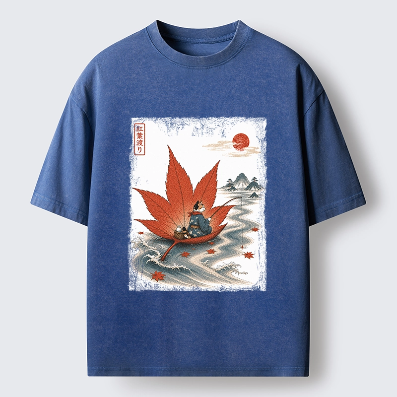Tokyo-Tiger Japanese Cat Maple River Fishing Vintage Art Washed T-Shirt