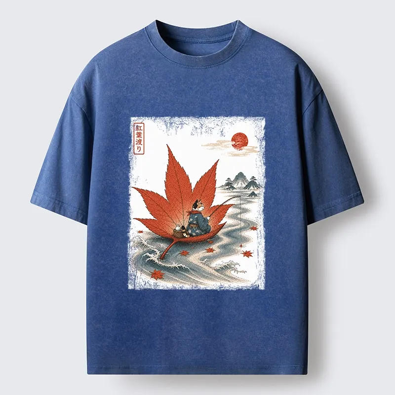 Tokyo-Tiger Japanese Cat Maple River Fishing Vintage Art Washed T-Shirt