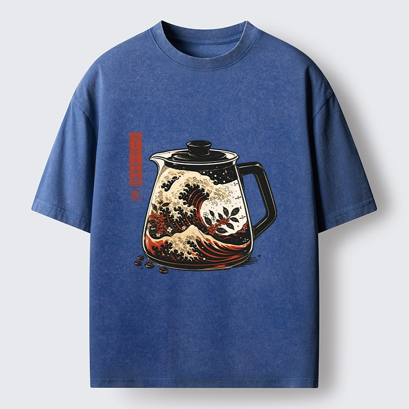 Tokyo-Tiger Coffee Pot Great Wave Coffee Beans Art Washed T-Shirt