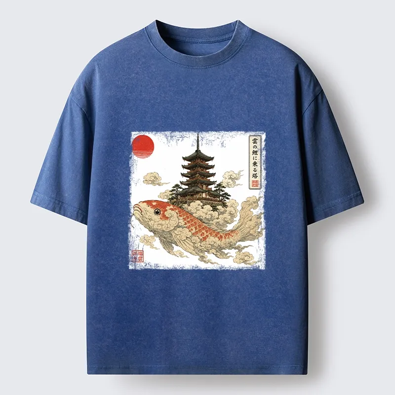 Tokyo-Tiger Sacred Koi Carp And Ancient Temple Tower Art Washed T-Shirt