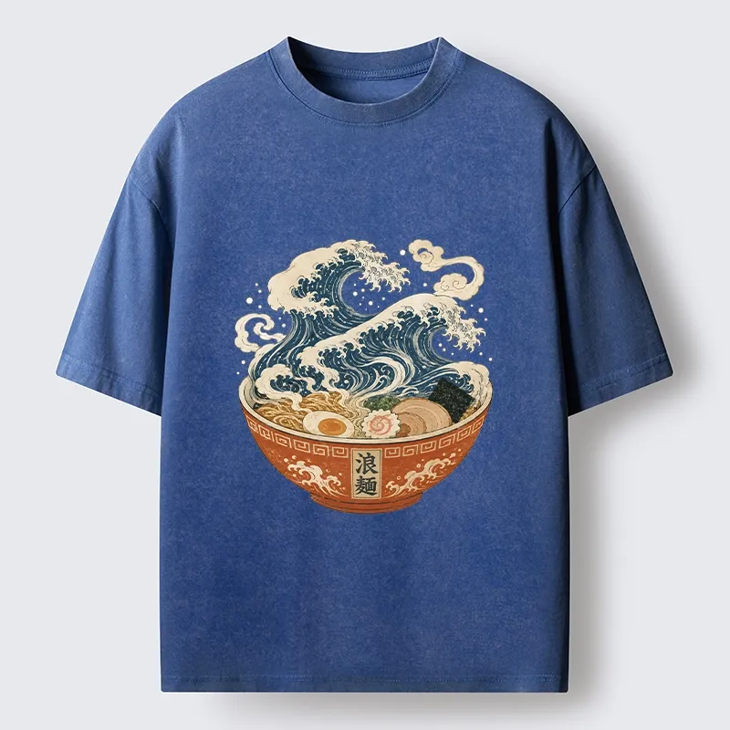 Tokyo-Tiger Ramen Bowl Holds Giant Ocean Wave Graphic Washed T-Shirt