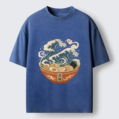 Tokyo-Tiger Ramen Bowl Holds Giant Ocean Wave Graphic Washed T-Shirt