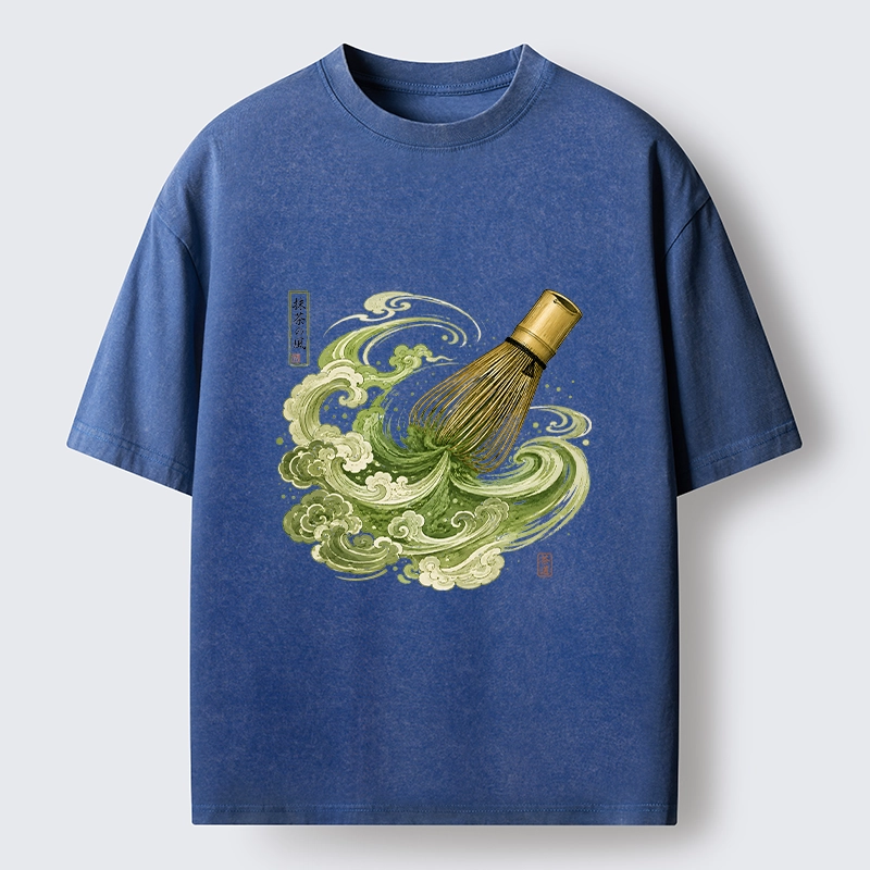 Tokyo-Tiger Zen Matcha Wave Bamboo Whisk Vintage Print Washed T-Shirt