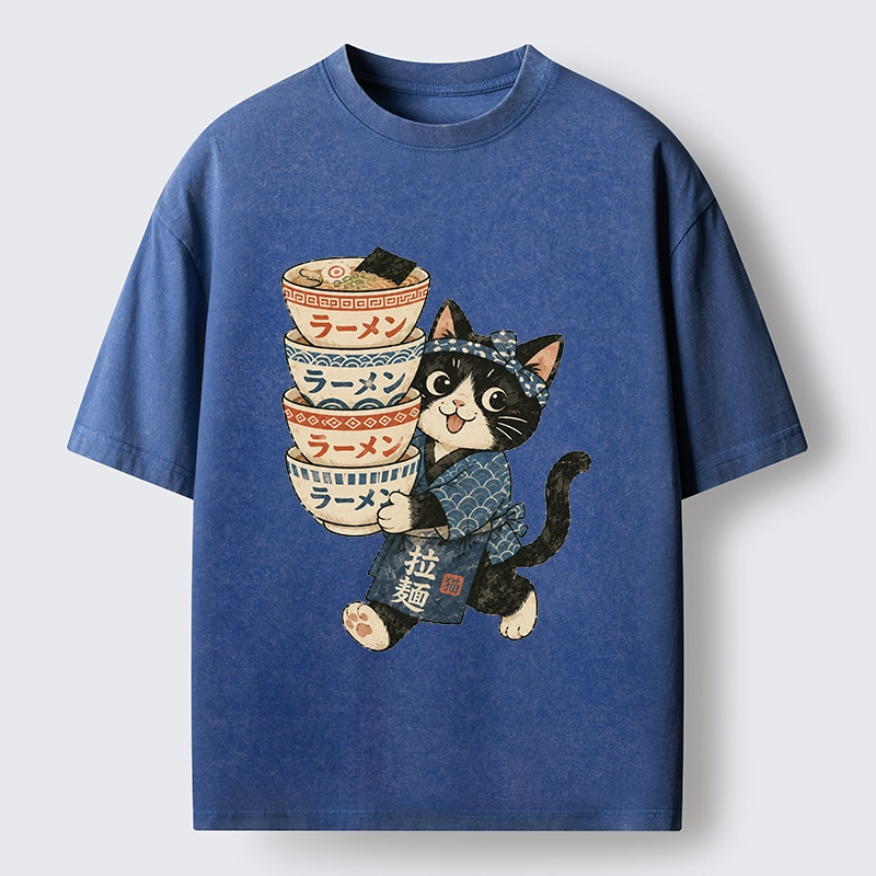 Tokyo-Tiger Funny Meme Cat Carries Stacked Ramen Bowls Washed T-Shirt