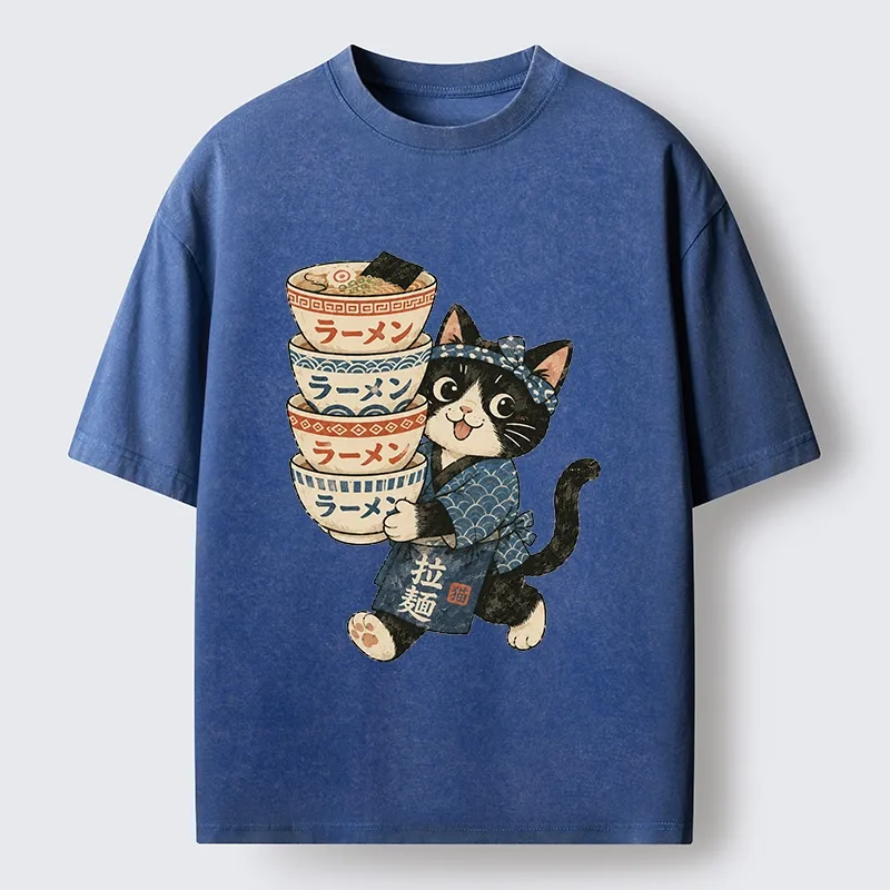 Tokyo-Tiger Funny Meme Cat Carries Stacked Ramen Bowls Washed T-Shirt