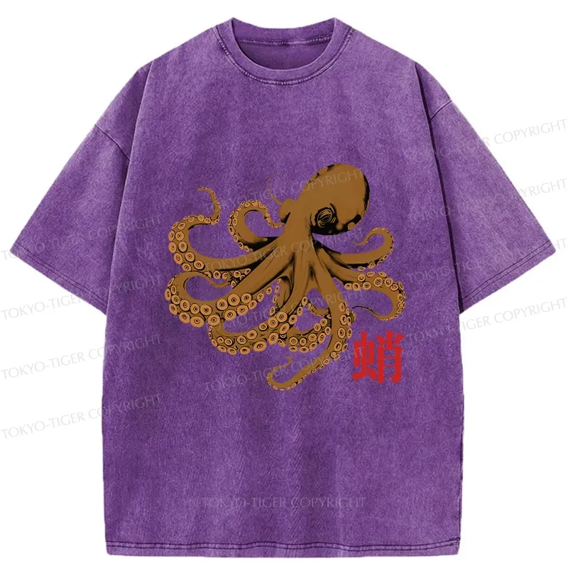 Tokyo-Tiger Retro Japanese Octopus Washed T-Shirt