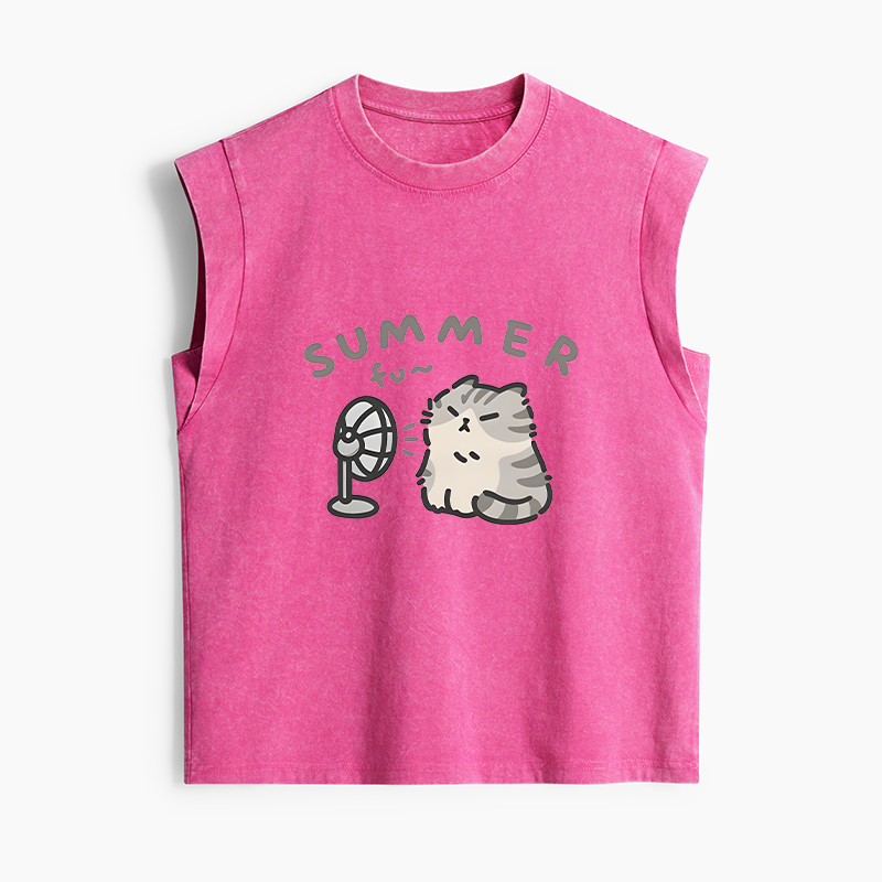 Tokyo-Tiger Summer Cat Chills With A Fan Women's Washed Tank Tops