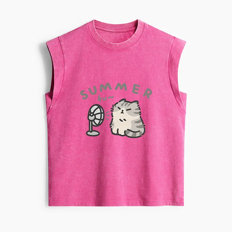 Tokyo-Tiger Summer Cat Chills With A Fan Women's Washed Tank Tops