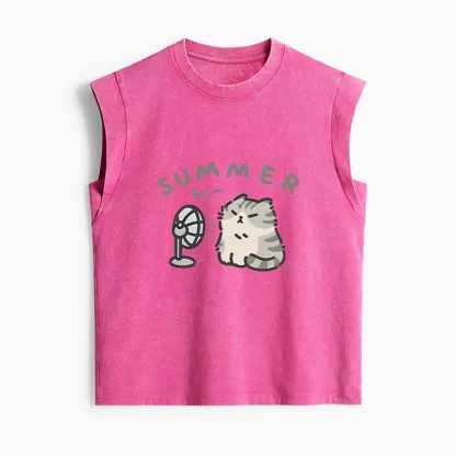 Tokyo-Tiger Summer Cat Chills With A Fan Women's Washed Tank Tops