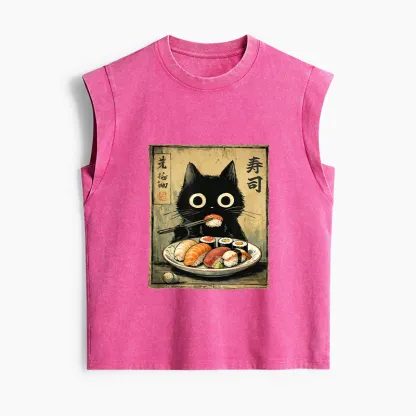 Tokyo-Tiger Vintage Japanese Sushi Cat Women's Washed Tank Tops