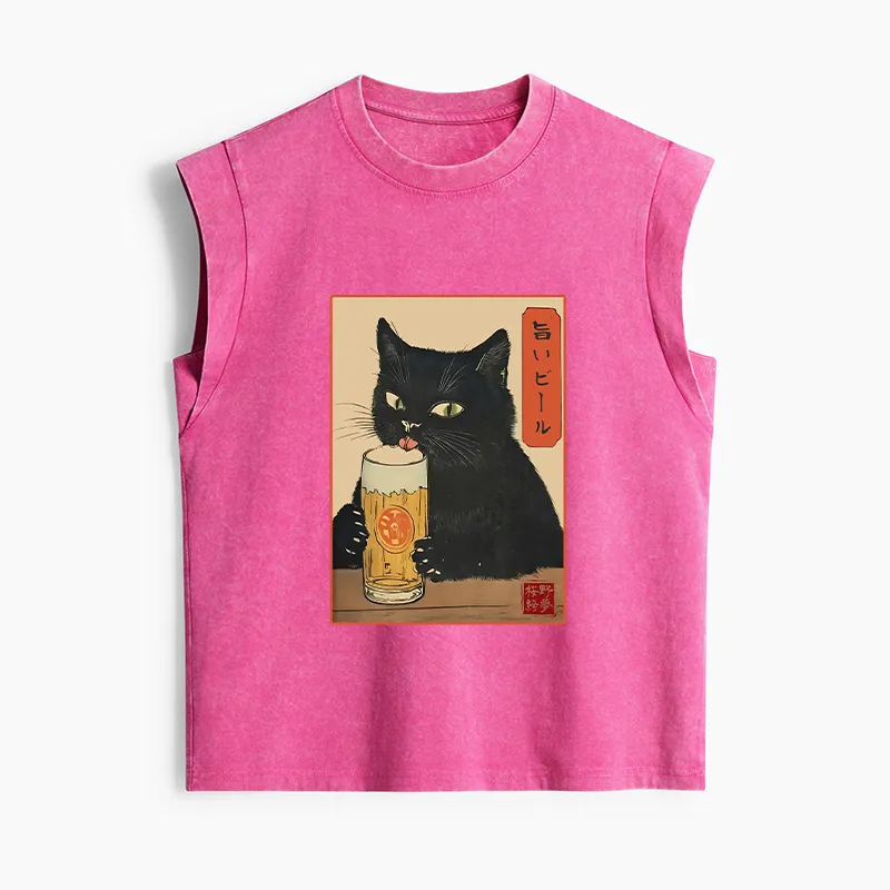 Tokyo-Tiger Cat Holding A Glass Of Beer Women's Washed Tank Tops