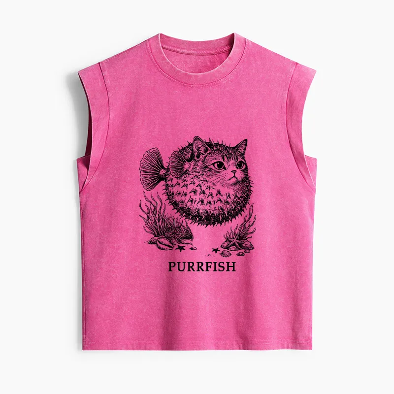 Tokyo-Tiger Spiky Puffer With Cute Cat Head Women's Washed Tank Tops