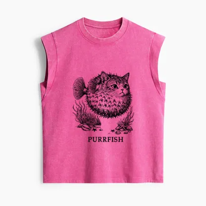 Tokyo-Tiger Spiky Puffer With Cute Cat Head Women's Washed Tank Tops