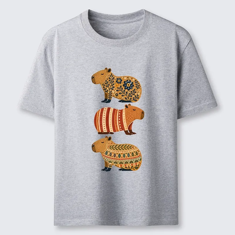 Tokyo-Tiger Folk Floral Striped Capybara Trio Print Classic T-Shirt Sale