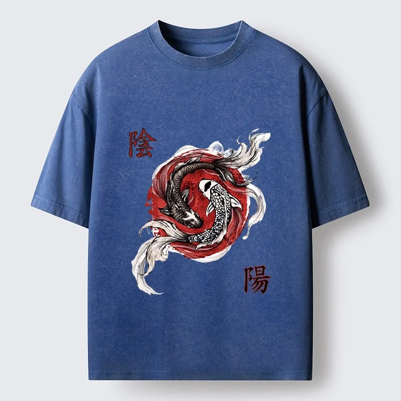 Tokyo-Tiger Red Ink Twin Koi Fish Harmony Washed T-Shirt
