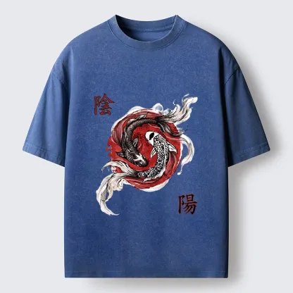 Tokyo-Tiger Red Ink Twin Koi Fish Harmony Washed T-Shirt