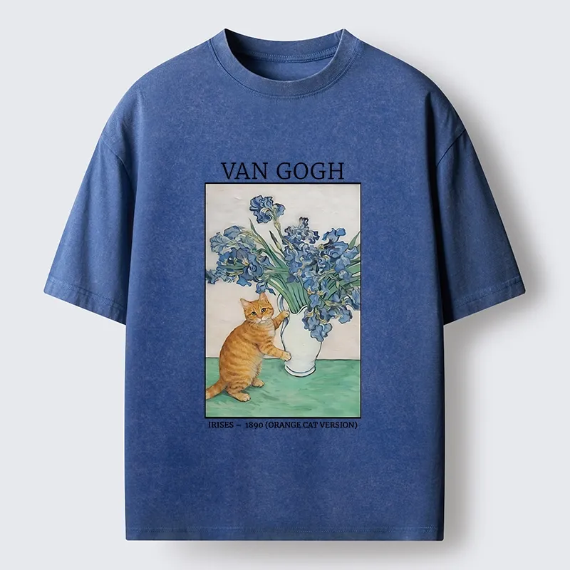 Tokyo-Tiger Orange Cat Touches Van Gogh Irises Washed T-Shirt